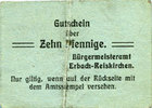 ALLEMAGNE - BILLETS DE NECESSITE (1914-1923) A - J 10 pfennig Erbach-Reiskirchen. Gemeinde. Billet. au dos, numérotation manuscrite en rouge -