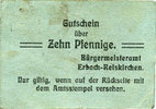 ALLEMAGNE - BILLETS DE NECESSITE (1914-1923) A - J 10 pfennig Erbach-Reiskirchen. Gemeinde. Billet. au dos, numérotation manuscrite en rouge -