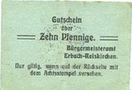 ALLEMAGNE - BILLETS DE NECESSITE (1914-1923) A - J 10 pfennig Erbach-Reiskirchen. Gemeinde. Billet. au dos, numérotation manuscrite en rouge -