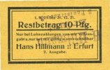 ALLEMAGNE - BILLETS DE NECESSITE (1914-1923) A - J 10 pfennig Erfurt. Hans Hillmann. Billet. 1.3.1921) -