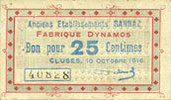 BILLETS DE NECESSITE FRANCAIS Cluses (74). Anciens Etablissements Rannaz. Billet. 25 cmes -