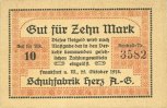 ALLEMAGNE - BILLETS DE NECESSITE (1914-1923) A - J 10 mark Frankfurt am Main. Schuhfabrik Herz a. G.. Billet. -
