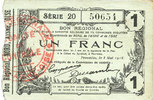 BILLETS DE NECESSITE FRANCAIS 1 franc Fourmies (59). Bon Régional des Départ. du Nord, Aisne & Oise. Billet. 8.5.1915, série 20 -