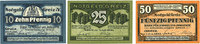ALLEMAGNE - BILLETS DE NECESSITE (1914-1923) A - J 50 pfennig Greiz. Bank für Handel und Industrie. Série de 3 billets. 10, 25 -