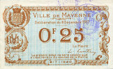 BILLETS DE NECESSITE FRANCAIS 25 centimes Mayenne (53). Ville. Billet. -