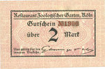 ALLEMAGNE - BILLETS DE NECESSITE (1914-1923) A - J 2 mark Cologne-Riehl. Restaurant Zoologischer Garten. Billet. -