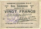 BILLETS DE NECESSITE FRANCAIS 20 francs Oignies (62). Commune. Billet. 30.8.1914, série F -