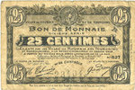 BILLETS DE NECESSITE FRANCAIS 25 centimes Roubaix et Tourcoing (59). Billet. 21.4.1917, 10e série, n° 527 -