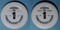 MONNAIES DE NECESSITE FRANCAISES 1 franc Charbonnières-les-Bains (69). Casino. plastique laminé blan avec inscription noir et or -