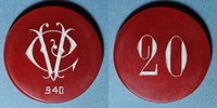 MONNAIES DE NECESSITE FRANCAISES 20 francs Vichy (03). Casino. . Plastique translucide rouge, gravé et peint en blanc -