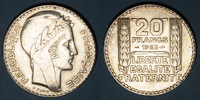MONNAIES MODERNES FRANCAISES 20 francs 3e république (1870-1940). Turin Rameaux longs -