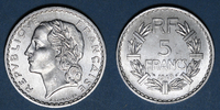MONNAIES MODERNES FRANCAISES 5 francs 4e république (1947-1959). Lavrillier aluminium -