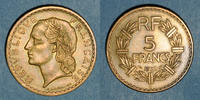 MONNAIES MODERNES FRANCAISES 5 francs Gouvernement provisoire (1944-1947). Lavrillier bronze d'aluminium -