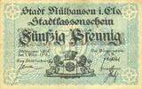BILLETS DE NECESSITE FRANCAIS 50 pfennig Mulhouse (68). Ville. Billet Non annulé -