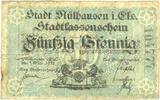 BILLETS DE NECESSITE FRANCAIS 50 pfennig Mulhouse (68). Ville. Billet Type avec double numérotation. Non annulé -