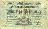 BILLETS DE NECESSITE FRANCAIS 50 pfennig Mulhouse (68). Ville. Billet Type avec double numérotation. Non annulé -