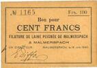 BILLETS DE NECESSITE FRANCAIS 100 francs Malmerspach (68). Filature de laine peignée. Billet. 18.6.1940, signature : Diffor -