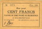 BILLETS DE NECESSITE FRANCAIS 100 francs Malmerspach (68). Filature de laine peignée. Billet. 18.6.1940, signature : Gary -