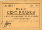 BILLETS DE NECESSITE FRANCAIS 100 francs Malmerspach (68). Filature de laine peignée. Billet. 18.6.1940, signature : Gary -