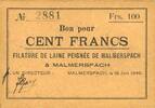 BILLETS DE NECESSITE FRANCAIS 100 francs Malmerspach (68). Filature de laine peignée. Billet. 18.6.1940, signature : Gary -