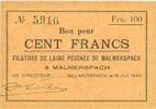 BILLETS DE NECESSITE FRANCAIS 100 francs 18.6.1940 Malmerspach (68). Fil... 34,00 EUR  + 7,00 EUR frais d'envoi