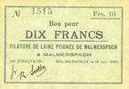 BILLETS DE NECESSITE FRANCAIS 10 francs 18.6.1940 Malmerspach (68). Fila... 39,00 EUR  + 7,00 EUR frais d'envoi