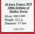 Frankreich 10 Euro Silbermünze 2010 100. Geburtstag von Mutter Theresa proof in capsule with certificate & box