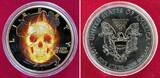 USA 1 Dollar Silbermünze mit Farbapplikation 2015 Burning Liberty Skull - geringe Auflage BU colorated with wooden box, carton & coa
