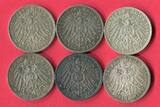 Bayern, Hamburg, Preußen, Württemberg 6 x 3 Mark Silbermünzen 1909 - 1913 Kaiserreich Lot 6 Typen lot of 6 coins, please see picture
