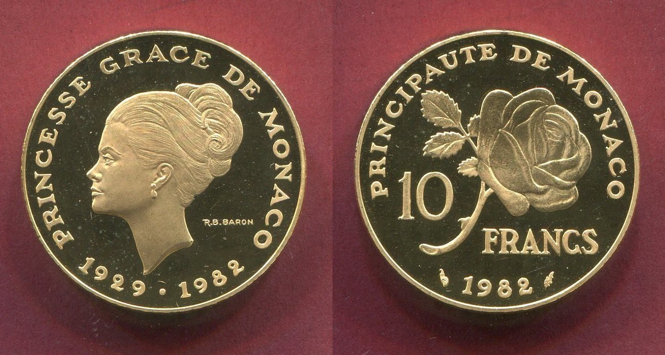 Monaco 10 Francs Goldmünze 1982 Grace Kelly Piedford Double Thick proof |  MA-Shops