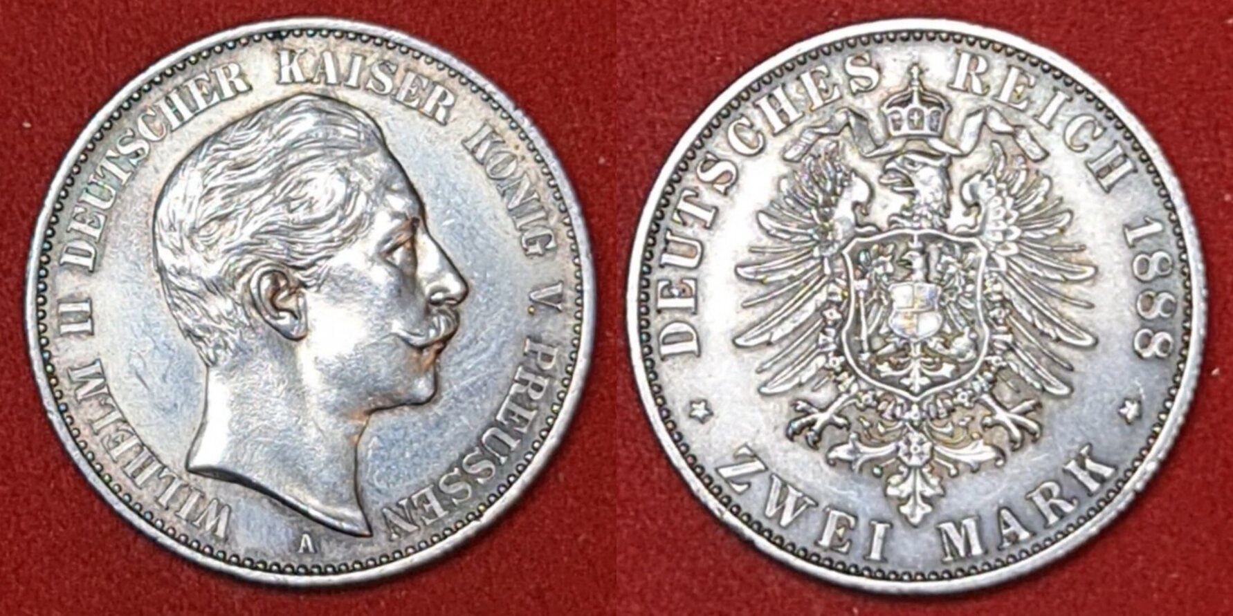 Germany Deutschland Preußen Prussia 2 Mark 1888 A Wilhelm II. Drei Kaiser Jahr Kleiner Adler Three Emperors Year Key date Au/Unc min cleaned | MA-Shops