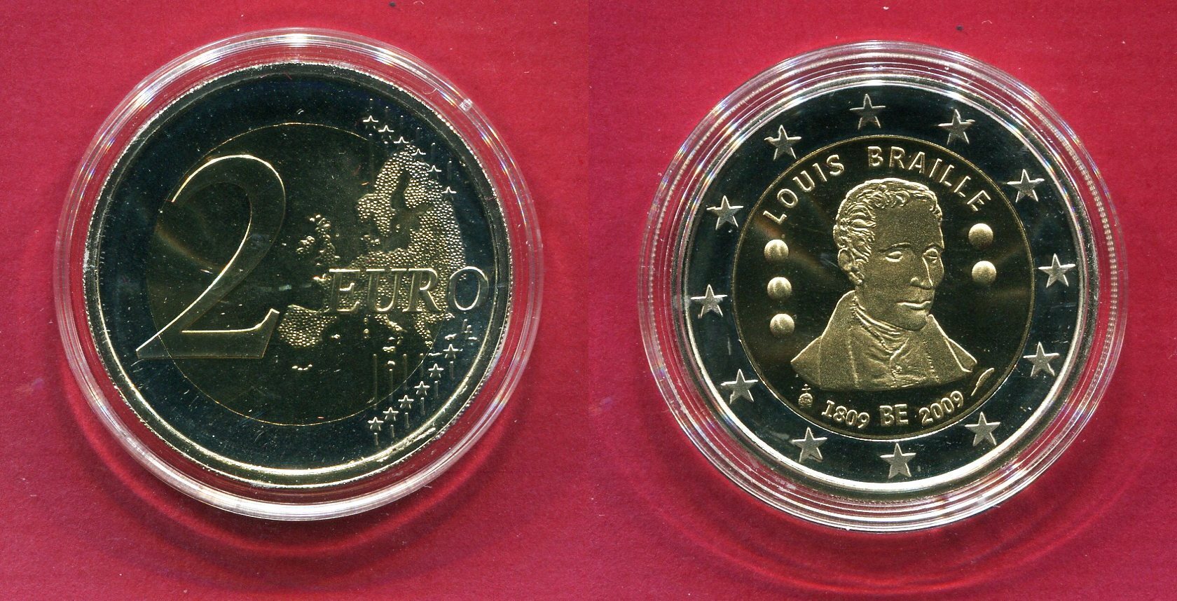 Belgien 2 Euro Gedenkmünze 2009 Louis Braille (18092009) proof in capsule w. certificate & box Belgien 2 Euro Gedenkmünze 2009 Louis Braille (18092009) proof in capsule w. certificate & box