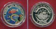 Liberia 5 Dollars Silbermünze mit Farbauflage Schutz der Meeresfauna - Korallenfisch -