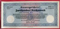 Deutschland Germany 1933 - 1945 200 Reichsmark Steuergutschein Rechts ohne Stempel Selten Ausgabestempel Rückseite -