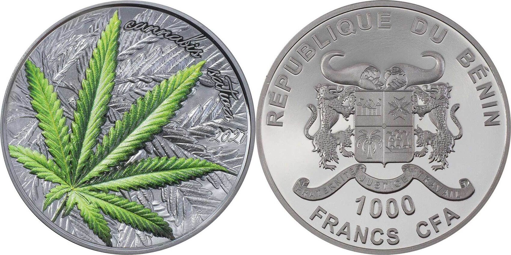 MARIJUANA Cannabis Sativa Black Proof Leaf 1 Oz Silver Coin 1000 Francs  Benin 2021 Black FB | MA-Shops