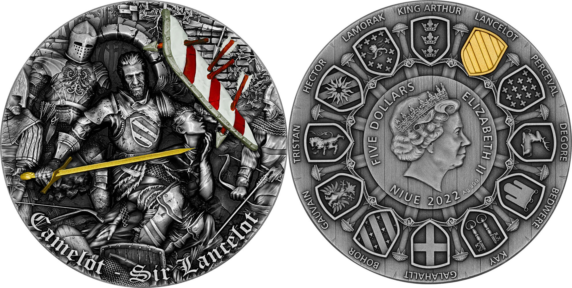 2022年 5ドル ニウエ キャメロット SIR LANCELOT アンティーク仕上げ 金メッキ 2オンス シルバー コイン。 PC11728