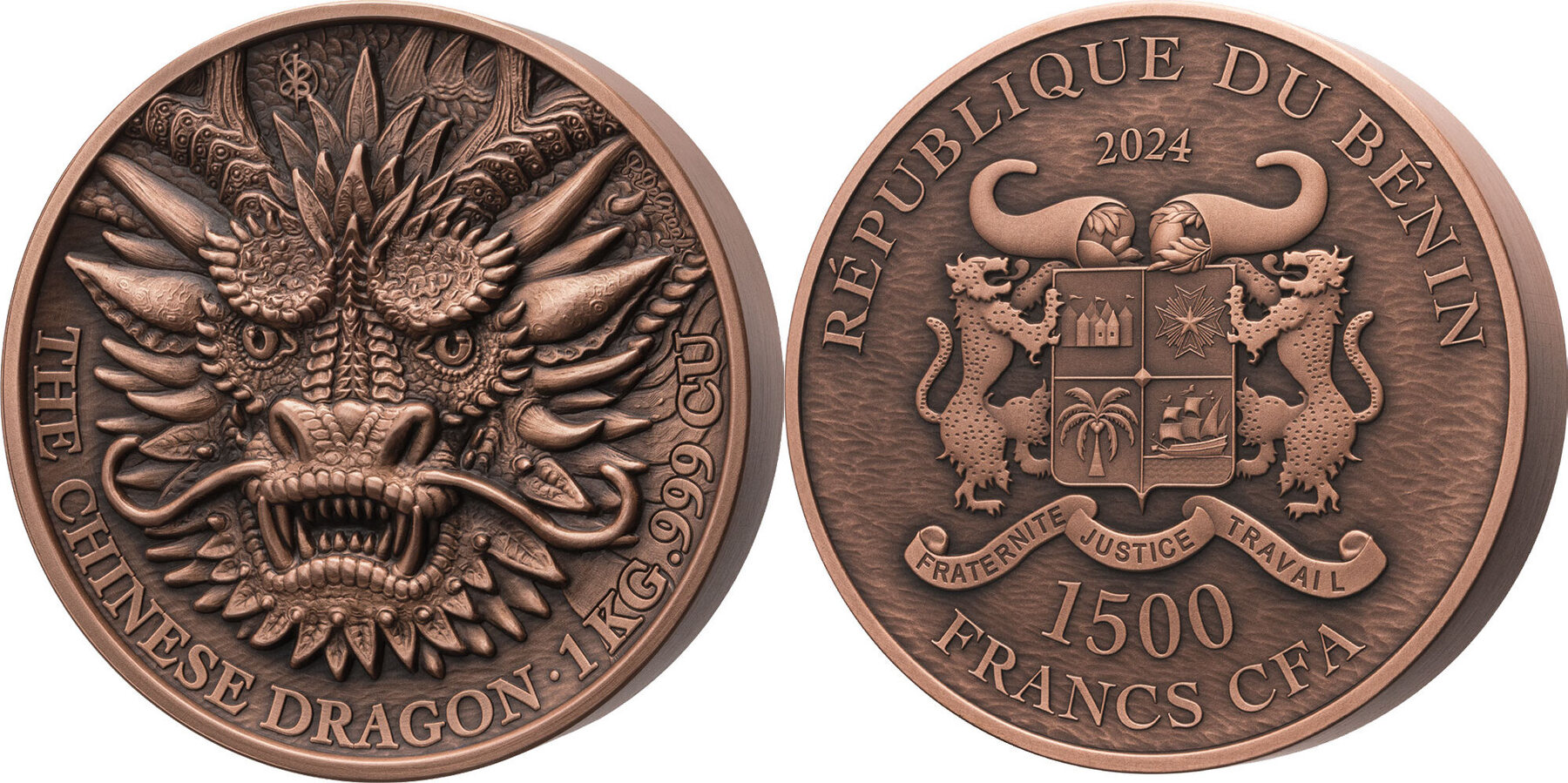 CHINESE DRAGON 1 Kg Kilo Copper Coin 1500 Francs Benin 2024 Antique Finish  | MA-Shops