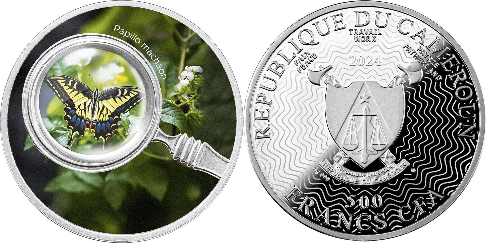PAPILIO MACHAON Butterflies Silver Coin 500 Francs Cameroon 2024 Black FB |  MA-Shops