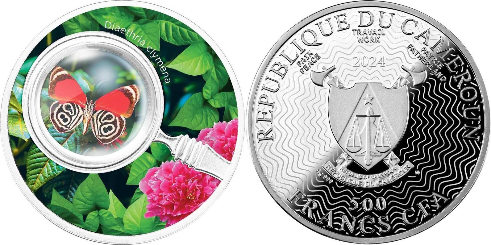 DIAETHRIA CLYMENA Butterflies Silver Coin 500 Francs Cameroon 2024 FB |  MA-Shops