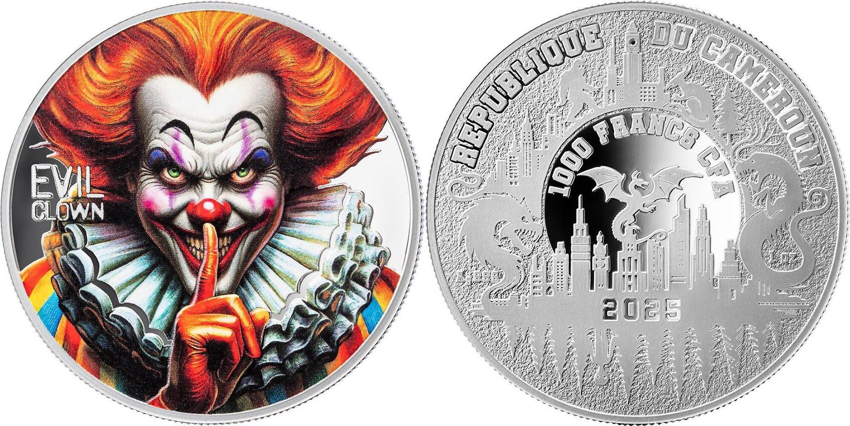 EVIL CLOWN Urban Legends 1 Oz Silver Coin 1000 Francs Cameroon 2025 FB |  MA-Shops