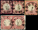 Thurn & Taxis Nachverwendungen  WORMS  - K1 mit Malteserkreuzen, je klar mit Daten aus 1872, 1873 u. 1874 auf 3 Kr. kleiner bzw. 2x 3 Kr. großer Brus
