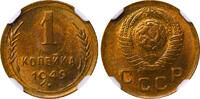 USSR 1 Kopeck 1949 Soviet Union, 1 Kopeck, 1949 year, NGC, MS 65 MS 65 58,80 EUR  + 10,00 EUR frais d'envoi