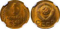 USSR 1 Kopeck 1949 Soviet Union, 1 Kopeck, 1949 year, NGC, MS 65 MS 65 58,80 EUR  + 10,00 EUR frais d'envoi