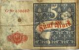 Germany five mark 1882 rare note, some stains VF