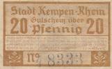 Kempen 20 Pfenning 9.3.1920 Notgeldschein aus Kempen V 2,00 EUR prix TTC + 6,00 EUR frais d'envoi
