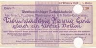 Deutschland Deutsches Reich 84 Pfennig Gold= 1/5 Dollar Notgeldschein Notgeld Berlin-Halberstadt-Ilsenburg -Hirsch Kupfer- Messingwerke -