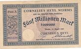 Deutschland Deutsches Reich 5 Millionen Mark Notgeldschein Notgeld Worms Rheinland Pfalz, Cornelius Heyl Serie A -