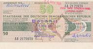 Deutschland DDR 50 Mark Reisescheck über 50 Mark bezahlt mit Stempel von Cekoslovenska -