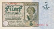 Deutschland Deutsches Reich 5 Rentenmark, Rentenbankschein KN 8Stellig, rot Serie: W -