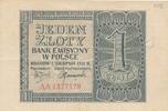 Deutschland Drittes Reich Polen 1 Zloty Zlotych 1941 Serie: AA, Emissionsbanknote TTB , gelocht